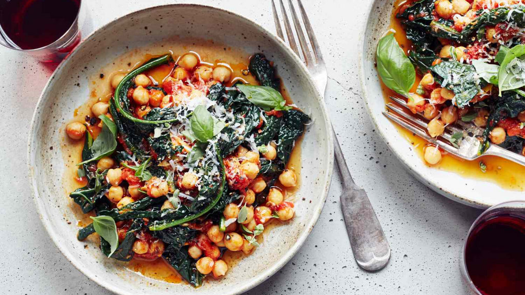 Chickpea, English Pea, and Kale in Spicy Pomodoro Sauce